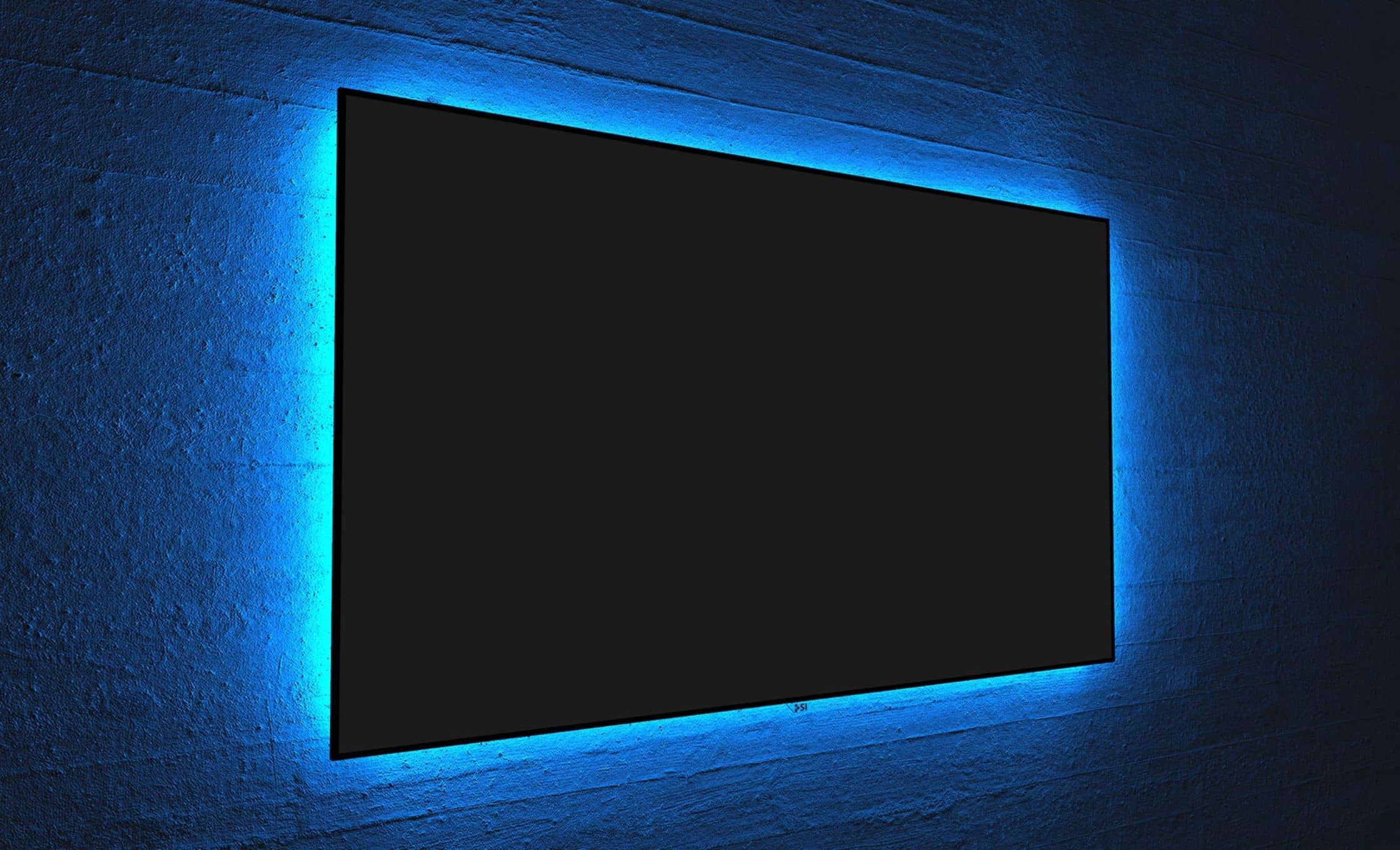 blue tv A dark screen with a glowing blue border is mounted on a textured blue wall, creating a vivid contrast.